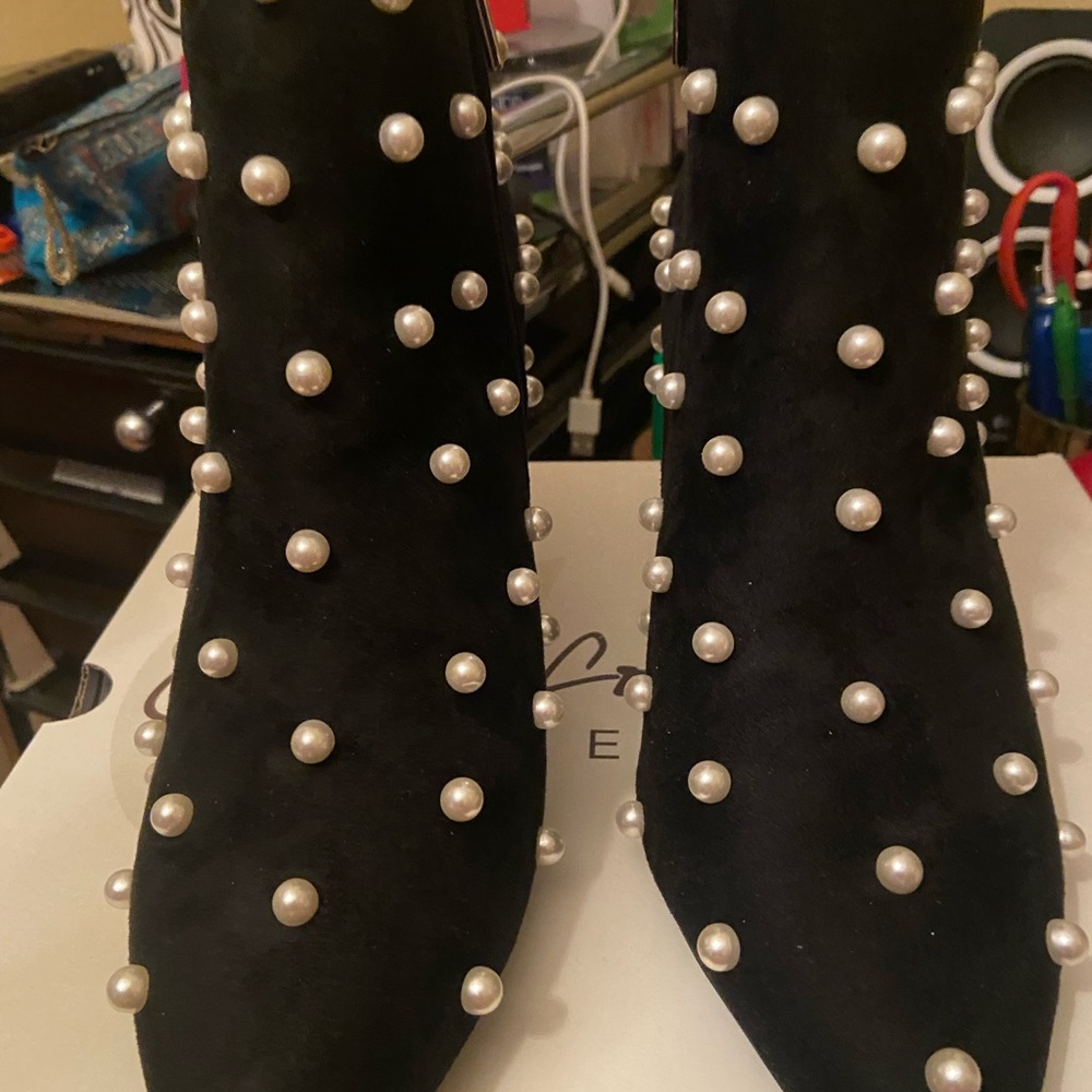 Black Pearl-Studded Ankle Boots - Picture 2 of 4